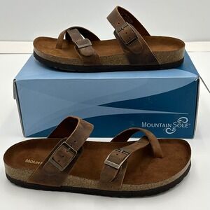 Mountain Sole Women Leather Slide Sandal Size 9 Toe Loop Buckle Brown Casual NWT